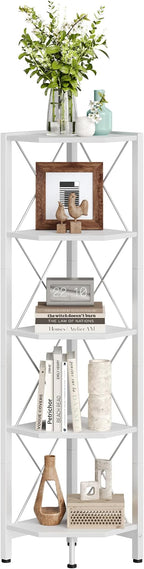 5-Tier Corner Shelf, Corner Bookcase, 55.2" Tall Vertical Display Rack, Plant Stand, Open Storage Shelf, for Living Room, Bedroom, Study, Kitchen, White TCJ12WB