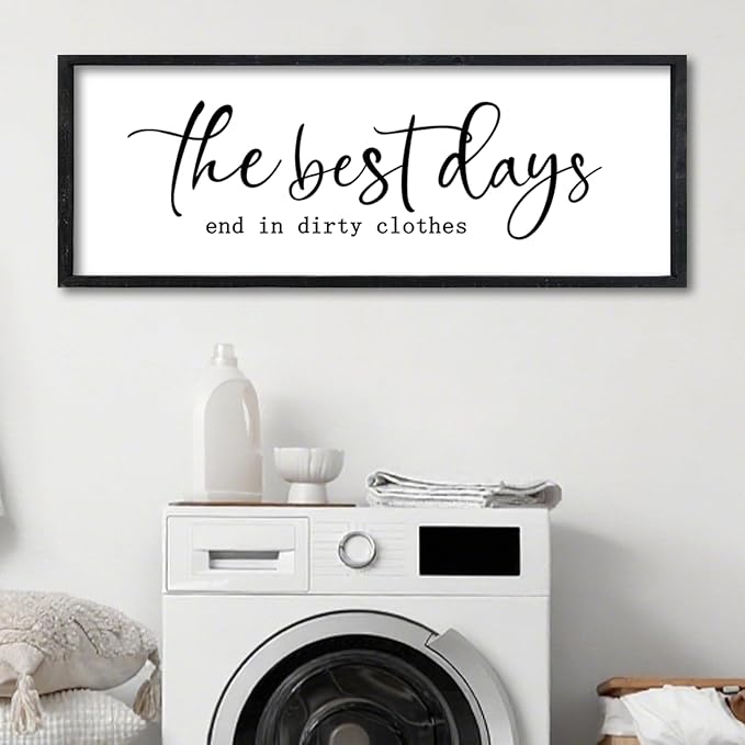 Surfapans Laundry Room Wall Decor The Best Days End In Dirtiest Clothes Sign 32"×12" Funny Rustic Farmhouse above the Bathtub Large Modern Wood Framed Plaque Wall Art Hanging (Black)