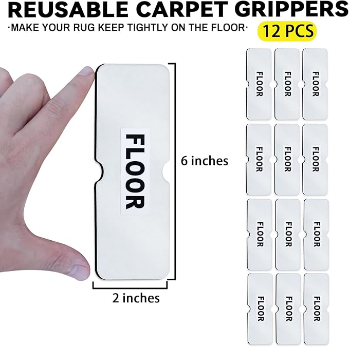 Rug Carpet Non Slip Grippers, Reusable Rug Tape Pads, Strong Adhesive Carpet Grippers for Area Rugs, Keep Corners Flat, No Damaging for Floor Removable, 12Pcs