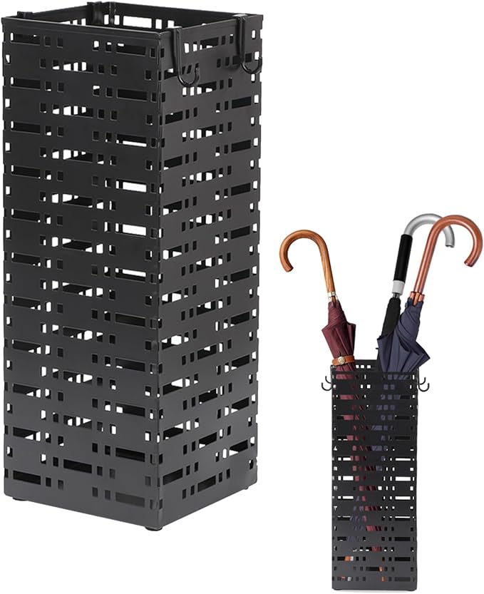 Metal Umbrella Stand ,Metal Umbrella Holder with 4 Hooks,Square Mesh Umbrella Holder for Home, Entryway, Office, Hotel & Supermarket(Black, 16.5 x 6.5 x 6.5Inch)