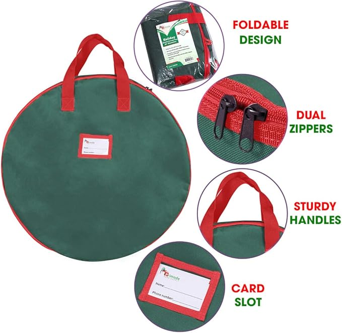 Primode Heavy Duty Wreath Storage Bag 30"- Garland Wreaths Container with Handles - Durable 600D Oxford Polyester Material Xmas Holiday Wreaths Storage Holder 30” (Green)