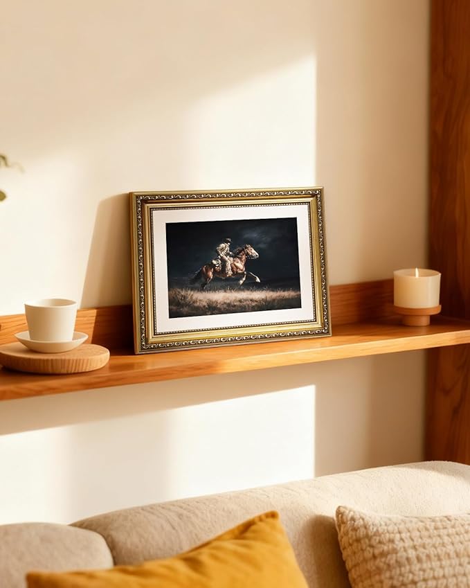 ARPEOTCY Gold Framed Canvas Wall Art, 11x14 Inch Vintage Western Cowboy Night Ride Painting, Dark Rustic Horse Artwork, Classic Cowboy Decor for Living Room, Bedroom, or Office
