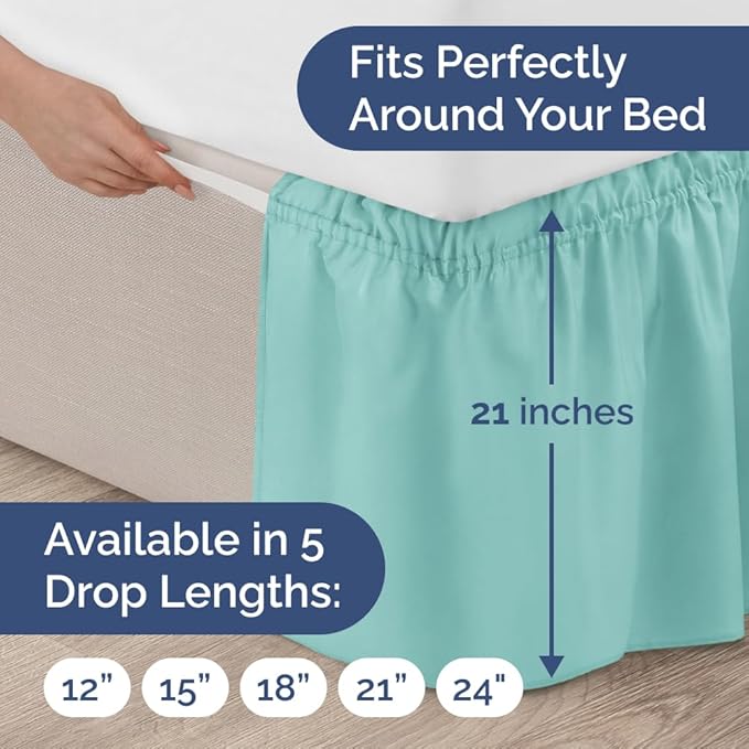 Wrap Around Dust Ruffle Bed Skirt - Spa Blue - for Queen Size Beds with 21 Inch Drop - Elastic Strap - Adjustable Pleated Bedskirt with Brushed Fabric and Wrinkle Free - for Women, Men, Kids & Teens