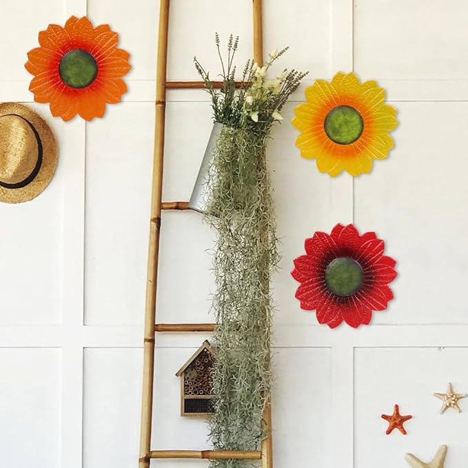 YEAHOME Sunflower Wall Decor - 9 inch Metal Flower Wall Art Decorations, Sunflower Yard Garden Decor Hanging for Kitchen, Bathroom, Bedroom,Handmade Gift for Home, Indoor or Outdoor (Set of 3)