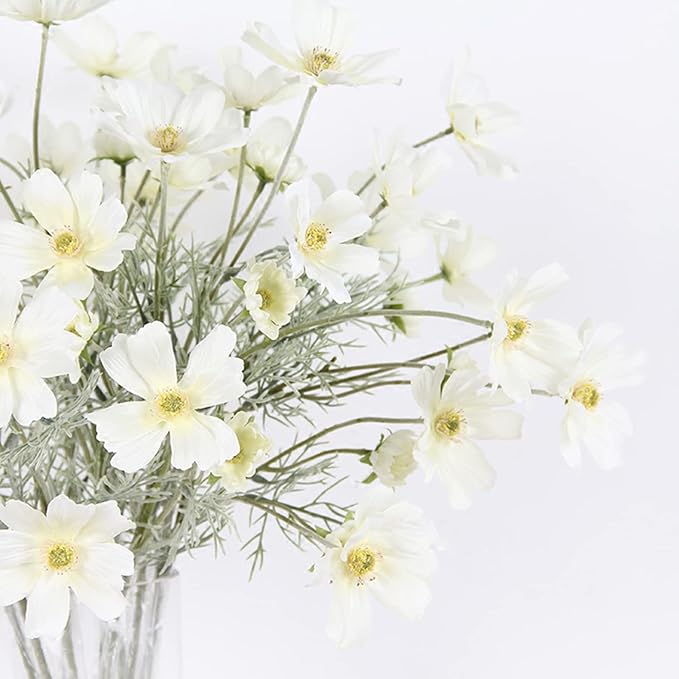 2 Pcs Artificial Fake Flowers Plants Cosmos Silk Flower Arrangements Wedding Bouquets Decorations Plastic Floral Table Centerpieces for Home Kitchen Garden Party Decor Approx 23.6'' High - White