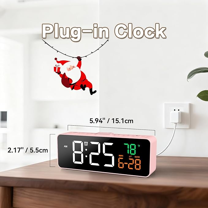 Netzu 3-in-1 Digital Clocks for Living Room with Temperature, Date & Time Display - 4 Levels Birghtness, 3 Volumes, Small & Compact Plug-in Alarm Clock for Bedroom Pink