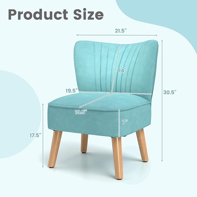 KOMFOTT Velvet Accent Chair, Modern Armless Sofa Chair with Solid Rubber Wood Legs, Wingback Leisure Chair with Thick Cushion, Upholstered Side Chair for Living Room, Bedroom, Turquoise