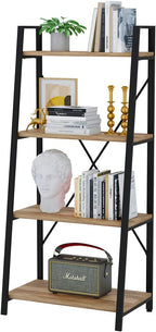 BON AUGURE Farmhouse Ladder Shelf Bookcase, 4 Tier Rustic Ladder Bookshelf, Standing Leaning Book Shelves for Living Room (Vintage Oak)