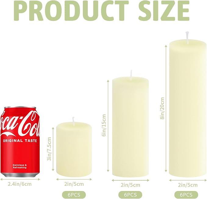 18 Pack Ivory Pillar Candles Bulk Set, 2x3 2x6 2x8 Inch - 6 Each Size, Dripless Smokeless Clean Burning for Wedding Centerpieces, Home Decor, Church, Romantic Ambiance！