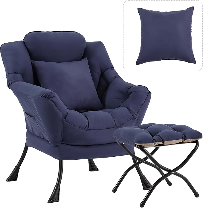 Lazy Chair with Ottoman, Large Lounge Accent Chair with Ottoman and a Throw Pillow, Navy Reading Chair for Living Room Bedroom Dorm Room Office Apartment Relaxing Use