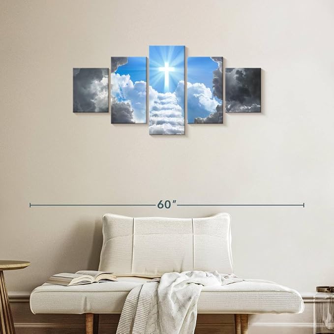 Elephant Stock Stairway To Jesus Christ Wall Art Multi Piece Canvas - 5 Panel Christian Pictures Decor - Digital Design Canvas Print - Christian Wall Decor - 42" X 19"