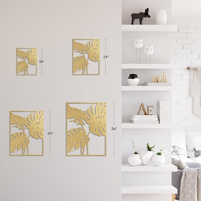 SIGNLEADER Metal Wall Art Decor Three Tropical Monsteras Leaf Minimalist Modern Abstract Wall Sculpture Hangings Home Decoration for Living Room, Bedroom, Bathroom, Kitchen, Outdoor - 24" Gold