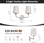 Kvhilw Bathroom Vanity Light, Brushed Nickel Bathroom Light Fixtures, 2-Light Lighting Fixtures Over Miror, Modern Wall Sconce with Flared White Fabric Shade, E26 Socket(ETL Listed)