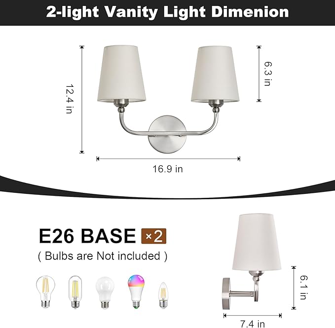 Kvhilw Bathroom Vanity Light, Brushed Nickel Bathroom Light Fixtures, 2-Light Lighting Fixtures Over Miror, Modern Wall Sconce with Flared White Fabric Shade, E26 Socket(ETL Listed)