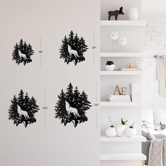 SIGNLEADER Metal Wall Art Decor Wolf and Pine Tree Minimalist Modern Abstract Wall Sculpture Hangings Home Decoration for Living Room, Bedroom, Bathroom, Kitchen, Outdoor - 18" Black