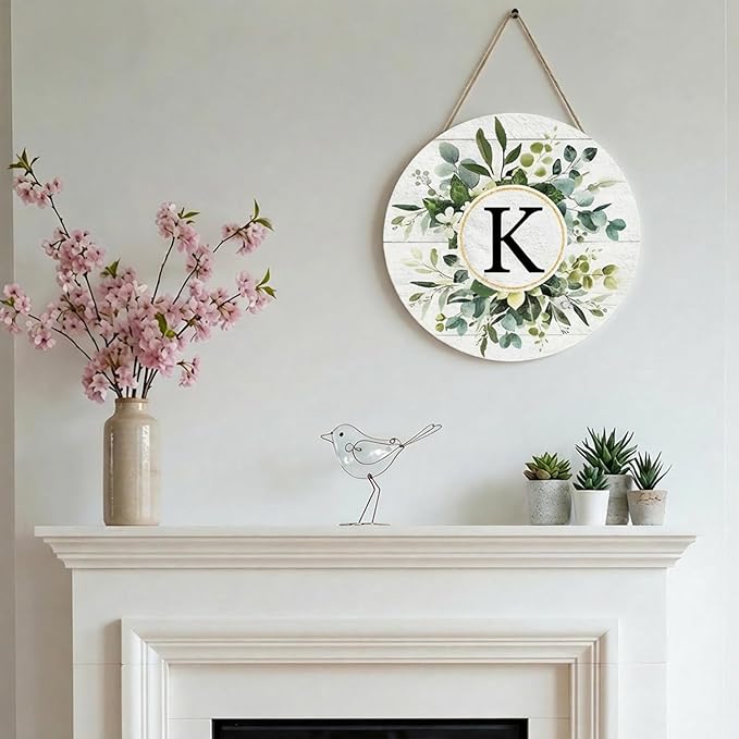 Smile Monogram Letter K Wreaths Wooden Welcome Sign, Family Last Name Initial Front Door Wall Decoration, Floral Spring Summer Porch Rustic Home Kitchen Decor