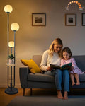 Lightdot Full Dimmable Floor Lamp for Living Room 3-Globe Standing Lamp with Table Candle Holder Style Black Tall Lamps for Bedroom/Sofa Beside/Corner Decor with 3000K Soft Warmwhite Bulbs Included
