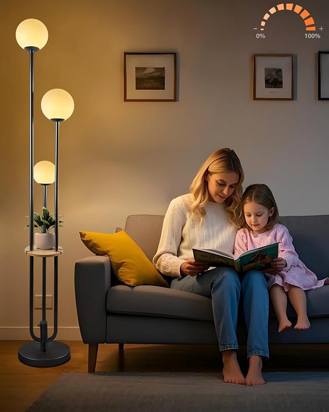 Lightdot Full Dimmable Floor Lamp for Living Room 3-Globe Standing Lamp with Table Candle Holder Style Black Tall Lamps for Bedroom/Sofa Beside/Corner Decor with 3000K Soft Warmwhite Bulbs Included