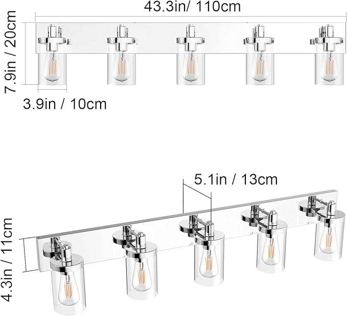 Aipsun Chrome Bathroom Light Fixtures 5 Light Bathroom Vanity Light Stainless Steel with Clear Glass Shade(Exclude Bulb)