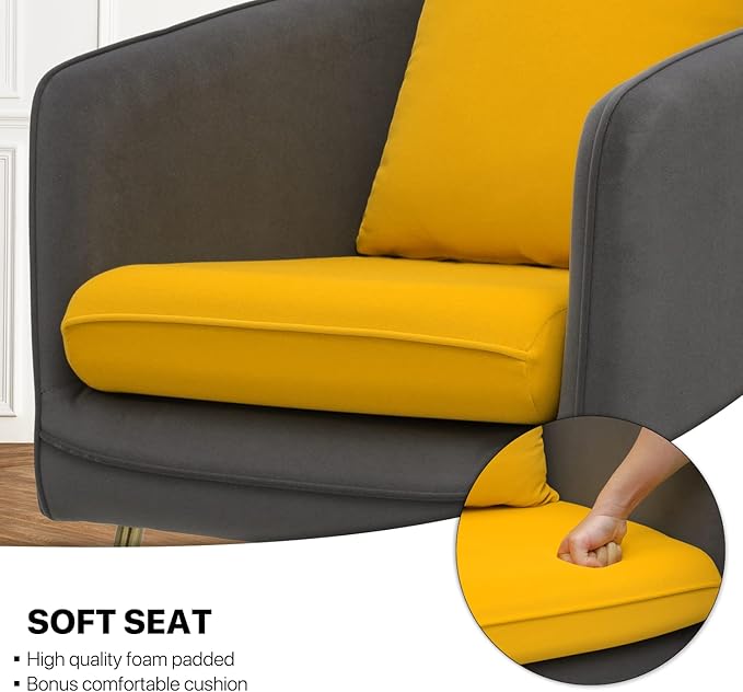 MoNiBloom Sofa Chair Arm Chair Living Room Bedroom Reading Chair, Yellow/Gray Contrasting Colors Upholstered Bedroom Barrel Chair with Backrest Pillow, Mid Century Modern Comfy Suede Singel Armchair