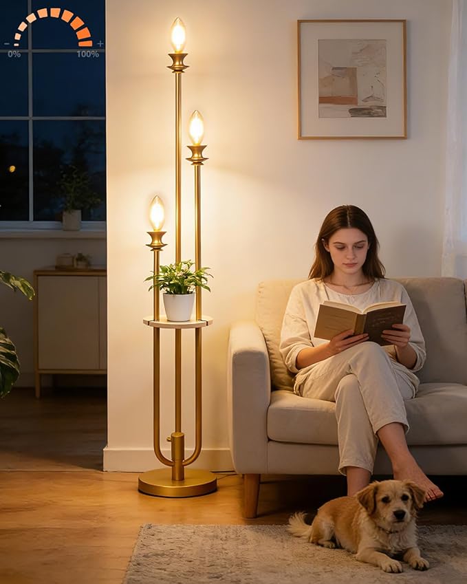 Lightdot Gold Dimmable Floor Lamp with Table, Modern Floor Lamps for Living Room, 3000K Warm Lights Tall Standing Lamp with Candle Bulb Included for Bedroom/Home Office/Sofa Beside/Corner Decor