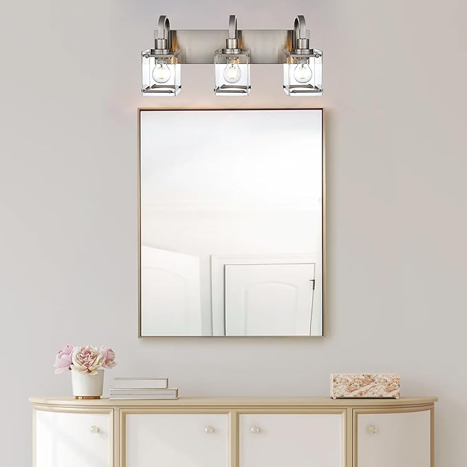 3-Light Bathroom Vanity Light Fixtures, Modern Vanity Lights with Clear Glass Shade Wall Light Brushed Nickel Wall Sconce Lighting for Living Room, Bedroom Kitchen Farmhouse