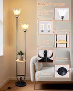 Dimmable Flower Floor Lamps with Table, 2-Lights Floral Floor Lamp, 3000K Warmwhite Candle Holder Style Modern Floor Lamp, Rustic Black Standing Lamp for Living Room Bedroom