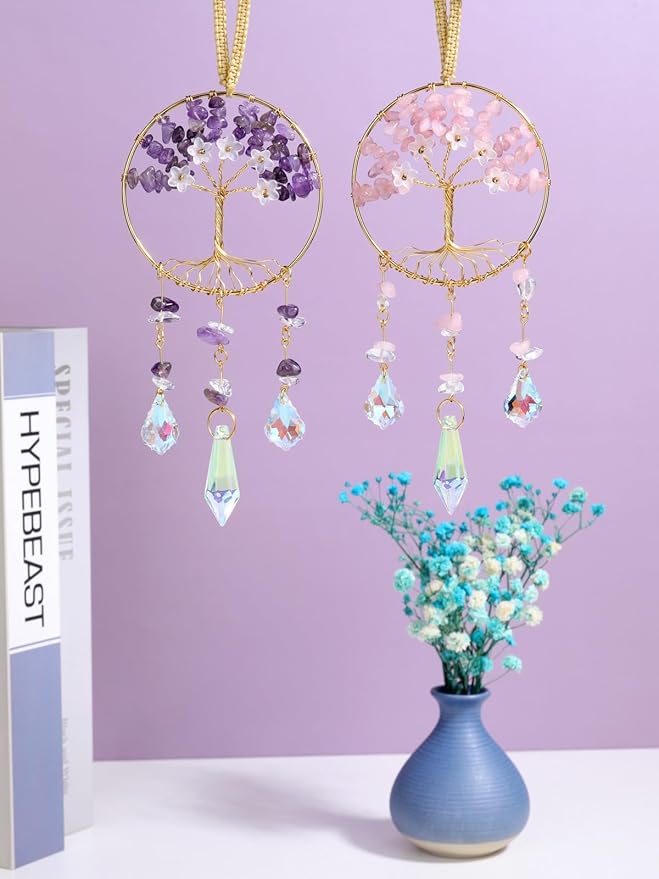 CrystalTears Amethyst Crystal Tree Life Hanging Ornament for Wall Window Home Room Decor, Handmade Feng Shui Healing Crystals Gemstone Glass Suncatcher Car Ornament, Crystal Gifts for Women Christmas