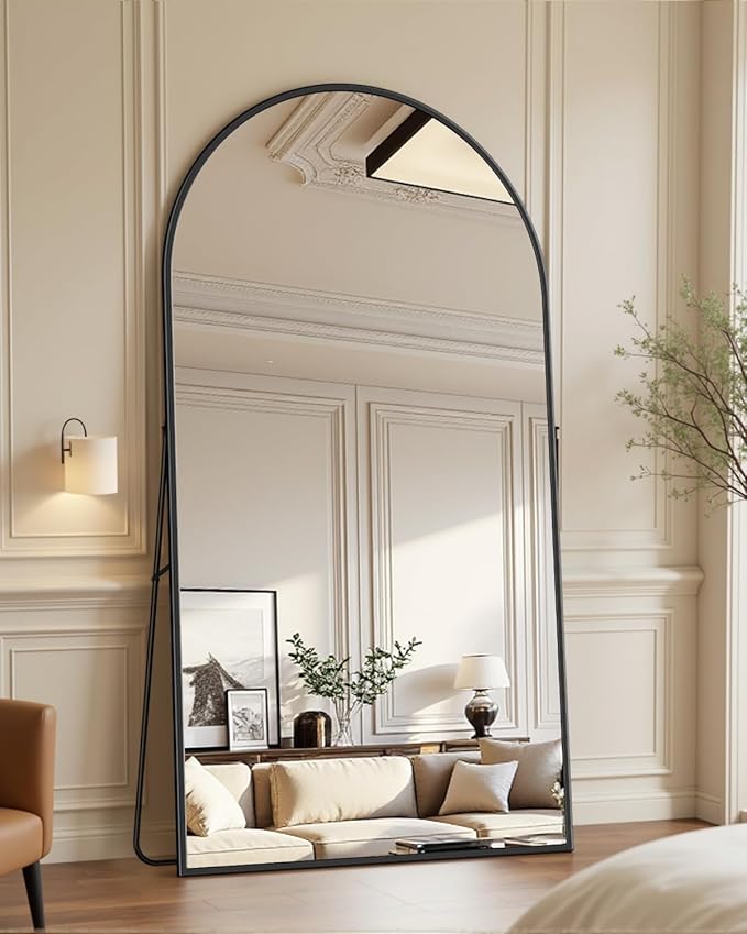 Full-Length Floor Mirror with Stand, 76"x44" Arched Style Full Body Standing Mirror for Bedroom, Living Room, Gym, Dorm - Shatter-Resistant & Easy Assembly, Black