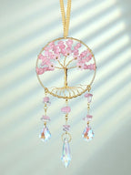 CrystalTears Rose Quartz Crystal Tree Life Hanging Ornament for Wall Window Home Room Decor, Pink Feng Shui Healing Crystals Gemstone Glass Suncatcher Car Ornament, Crystal Gifts for Women Christmas