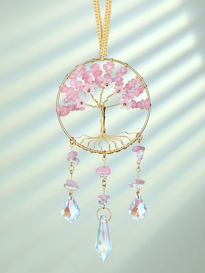 CrystalTears Rose Quartz Crystal Tree Life Hanging Ornament for Wall Window Home Room Decor, Pink Feng Shui Healing Crystals Gemstone Glass Suncatcher Car Ornament, Crystal Gifts for Women Christmas