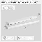 Homeforia White Floating Shelves 36 inch, High End Solid Real Wood 36inch Floating Shelf for Wall Mounted, White Wooden 36in Long Floating Shelves, Heavy Duty Bracket, 36 X 6.5 X 1.75 inches, Set of 3