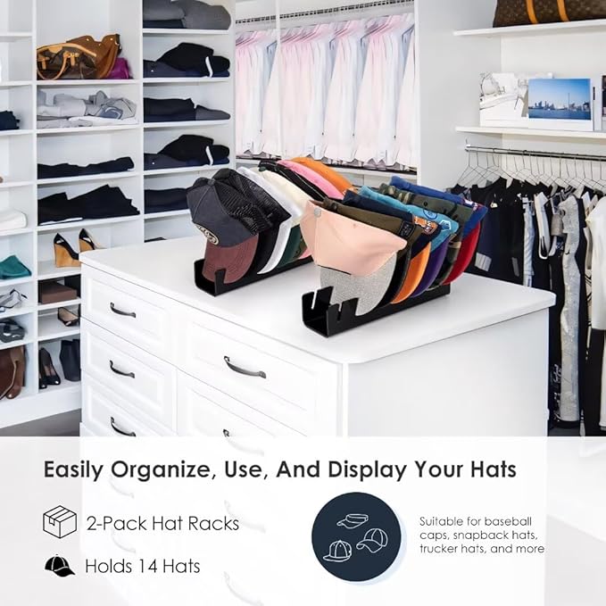 OAPRIRE Hat Stand for Baseball Caps Display and Organizer, No Install Acrylic Hat Organizer 2 Pack Holds 14 Baseball Caps for Closet, Bedroom, Dresser (Glossy Black)