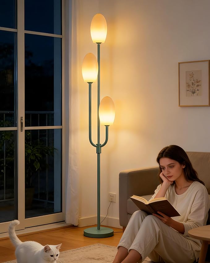 Lightdot 66IN Dimmable Floor Lamp 3-Lights Vintage Floor Lamps with Pebble-Shaped Shade& 3000K Warm White Bulbs for Wedding Party Modern Standing Tall Lamp for Living Room/Bedroom-Green