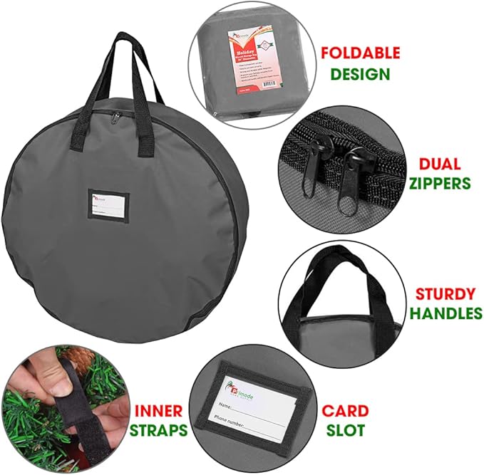 Primode Heavy Duty Christmas Wreath Storage Bag 24"- Garland Wreaths Container with Handles - Durable 600D Oxford Polyester Material Holiday Wreaths Storage Holder (24", Gray)