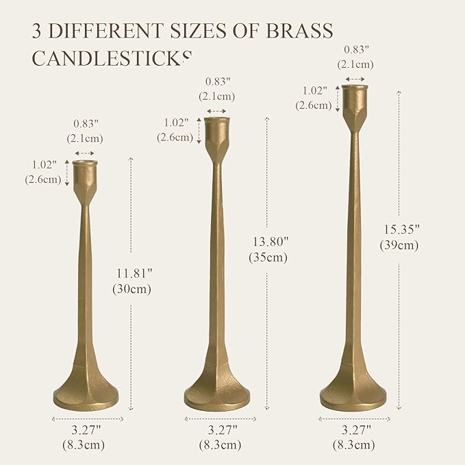 Cast Iron Tall Antique Brass Candlestick Holders Set of 3, Bronze Vintage Gold Tall Taper Candle Holders, Candle Sticks Holders Decor for Home Decor, Mantle, Table-11.8"+13.8"+15.4"(Gold)