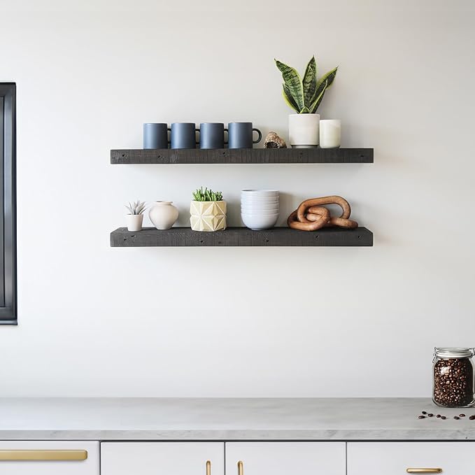 Urban Legacy Reclaimed Barnwood Planks | Floating Shelves for Wall w/Flush Mount Shelf Bracket Set Included | Set of 2 (Coffee Bean, 48" x 7" x 2"