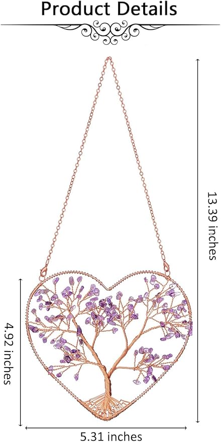 Jovivi Amethyst Heart Crystal Tree Hanging Ornament Healing Crystals Stones Gemstone Room Bedroom Wall Home Yoga Decor for Feng Shui Meditation Christmas Tree Ornament