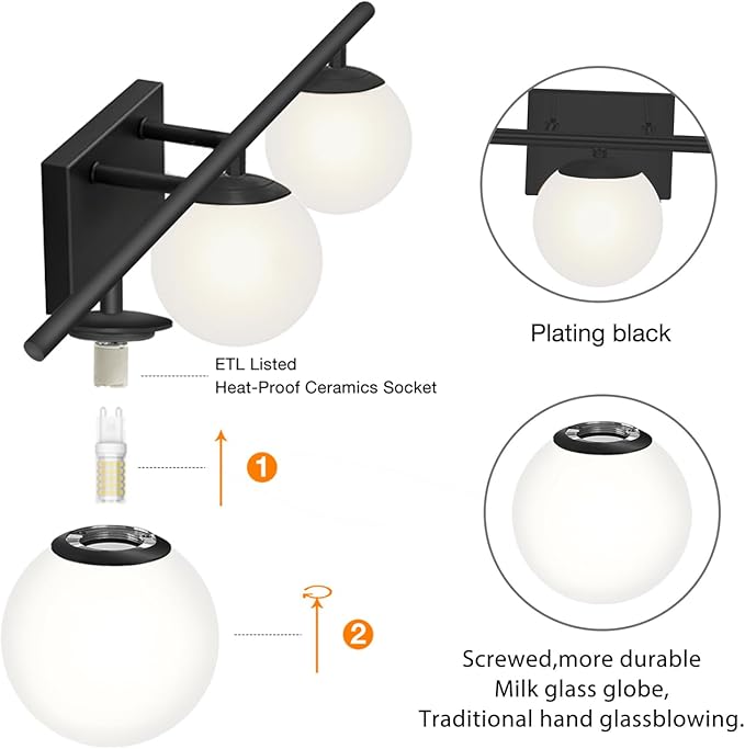 New Bathroom Vanity Light Fixtures 3 Lights Brushed Black Milk White Globe Glass Shade Modern Wall Bar Sconce Over Mirror (Exclude G9 Bulb)