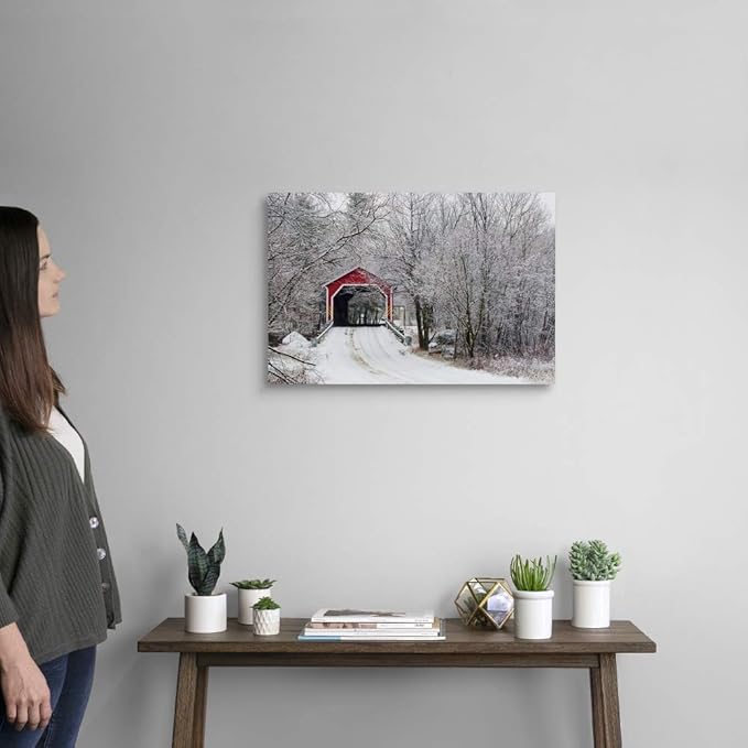 CANVAS ON DEMAND Red Covered Bridge in the Winter; Adamsville Quebec Canada Canvas Wall Art Print by David Chapman, Home Decor, Frost, Winter Artwork, 24"x16"