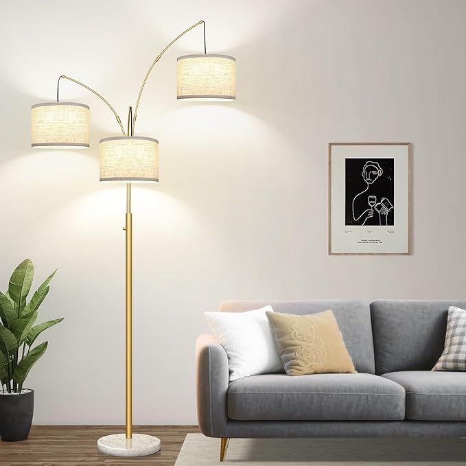 Dimmable Floor Lamp - 3 Lights Gold Arc Floor Lamps for Living Room, 1000LM Modern Tall Standing Lamp with White Shade&Marble Base, Mid Century Tree Floor Lamp for Bedroom Office, 3 LED Bulbs Included