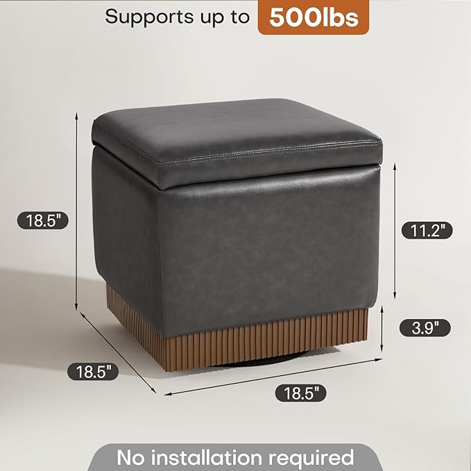 Swivel Storage Ottoman with Hidden Compartment, Square Faux Leather Footstool, Solid Acacia Wood Frame, 500 lbs Capacity, No Assembly Required, for Living Room & Bedroom