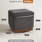 Swivel Storage Ottoman with Hidden Compartment, Square Faux Leather Footstool, Solid Acacia Wood Frame, 500 lbs Capacity, No Assembly Required, for Living Room & Bedroom