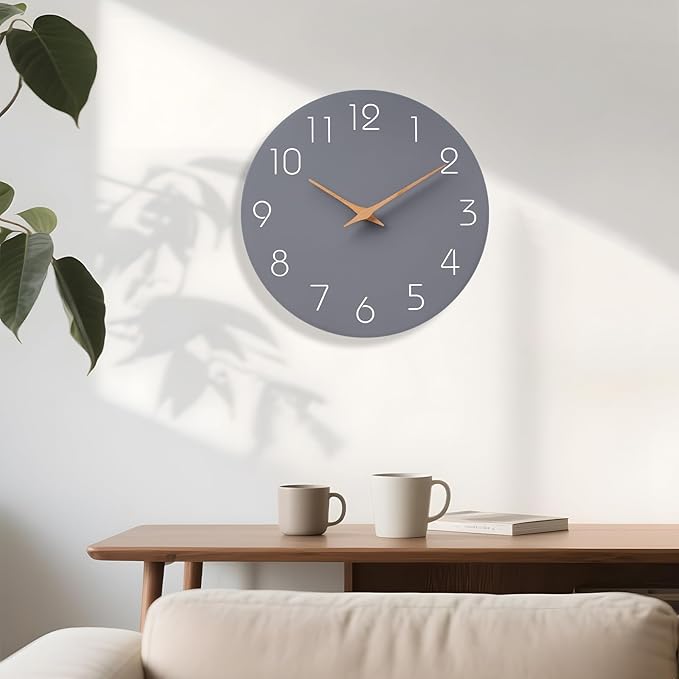 Mosewa Wall Clock 12 Inch Gray Silent Non Ticking Battery Operated Modern Simple Clock Decorative for Kitchen Home Bedroom Bathroom Office Living Room