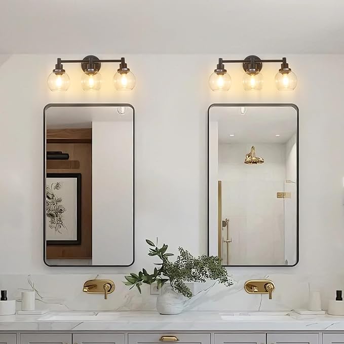 3-Light Bathroom Light Fixture Black Vanity Lights Over Mirror Modern Wall Sconce Farmhouse Vintage Bathroom Vanity Lighting with Glass Shade for Bedroom Hallway Cabinet Bathroom
