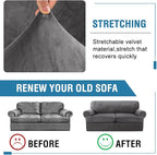 H.VERSAILTEX Sofa Cover 3 Piece T Cushion Loveseat Slipcovers Thick Velvet Couch Cover Stretch T Cushion Sofa Covers for 2 Cushion Couch with 2 Individual T Cushion Covers Washable, Grey