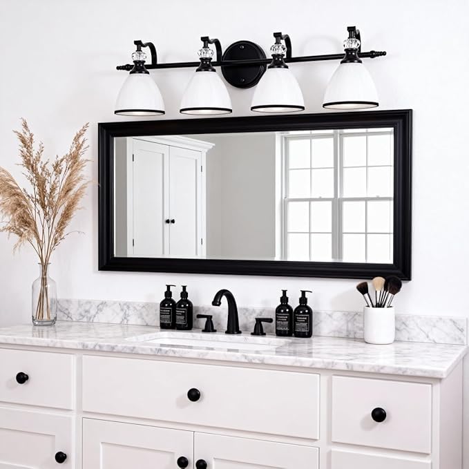ANDY STAR Vintage Bathroom Light Fixture, 4-Light Vanity Lights, 28 inch Farmhouse Wall Sconces, Black Wall Lamp with Milky Glass, Well-Made Bathroom Lighting Fixtures Over Mirror for Living Room