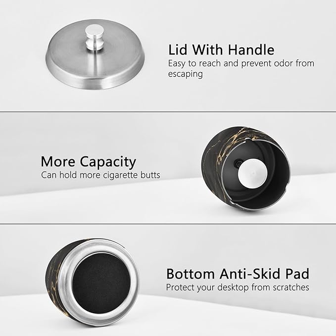 Black Gold Marble Textures Ashtray with Lid, Outdoor Ashtrays for Patio, Stainless Steel Ashtray Odorless Smokeless for Home Office Balcony