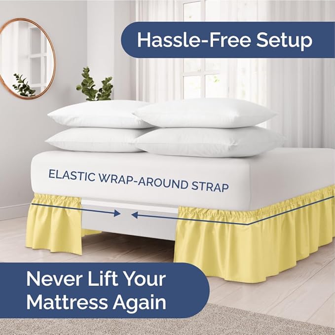 Wrap Around Dust Ruffle Bed Skirt - Yellow - Twin/Twin XL Size Beds with 24 Inch Drop - Easy Fit Elastic Strap - Adjustable Pleated Bedskirt w/Brushed Fabric - Wrinkle Free - Women, Men, Kids & Teens