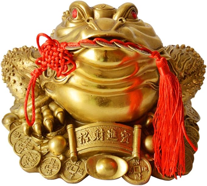 Brass Feng Shui Money Frog Three Legged Wealth Traditional Frog Money Toad Statue with Set of 5 Lucky Charm Ancient Coins on Red String Home Car Fengshui Decor (B1 Money Frog)